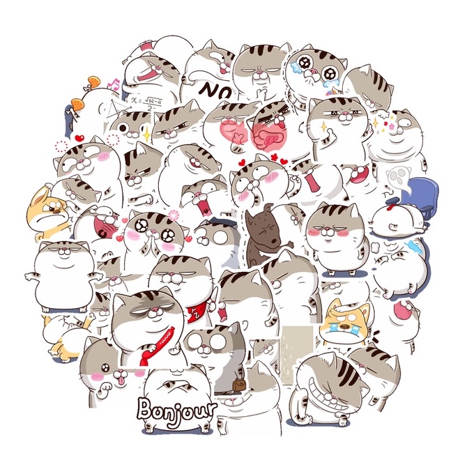 Set 46 hình sticker nhãn dán mèo béo xám cute
