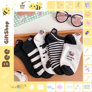 Tất nữ cổ ngắn, vớ cổ ngắn nam nữ vải cotton co giãn họa tiết bò sữa đáng yêu
