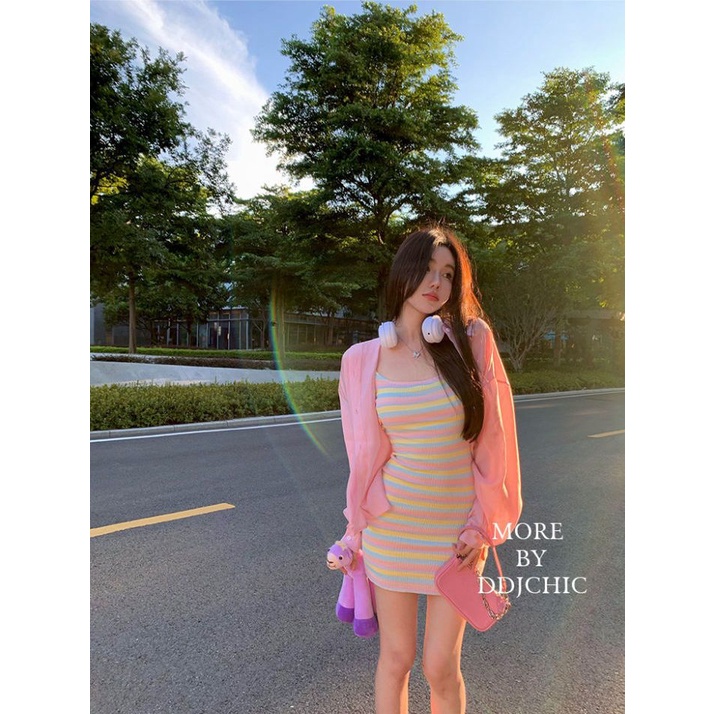 Set Đầm Hai Dây Kẻ Sọc Cầu Vồng + Áo Khoác Cardigan Chống Nắng Cho Nữ