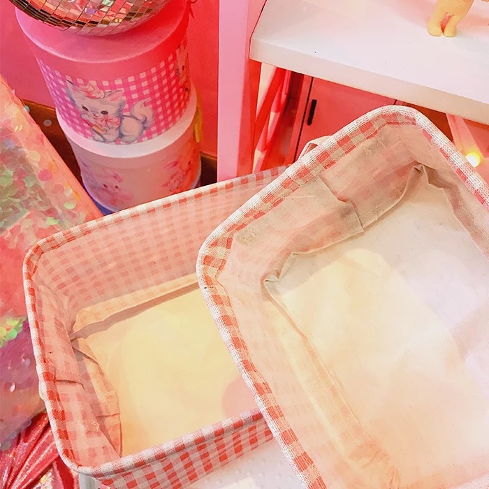Giỏ đựng đồ bằng vải cotton lanh kẻ caro màu hồng dễ thương xinh xắn