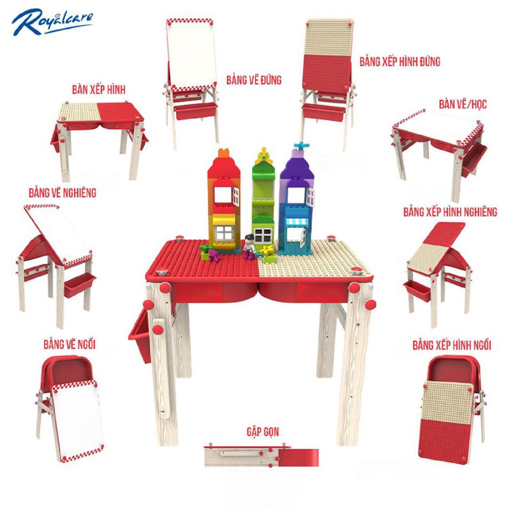 Bộ bàn đa năng hỗ trợ lắp ghép Lego Royalcare RC-822-111 kiêm bàn học, giá vẽ đứng và bảng cho bé