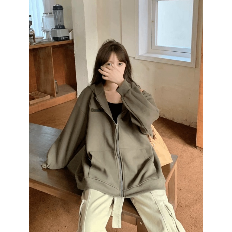 Áo Khoác Nỉ Nữ Dây Khóa Kéo Thêu Logo Chữ Nón Lớn Có Dây Rút Mũ Phối Túi Hộp NEW UNISEX