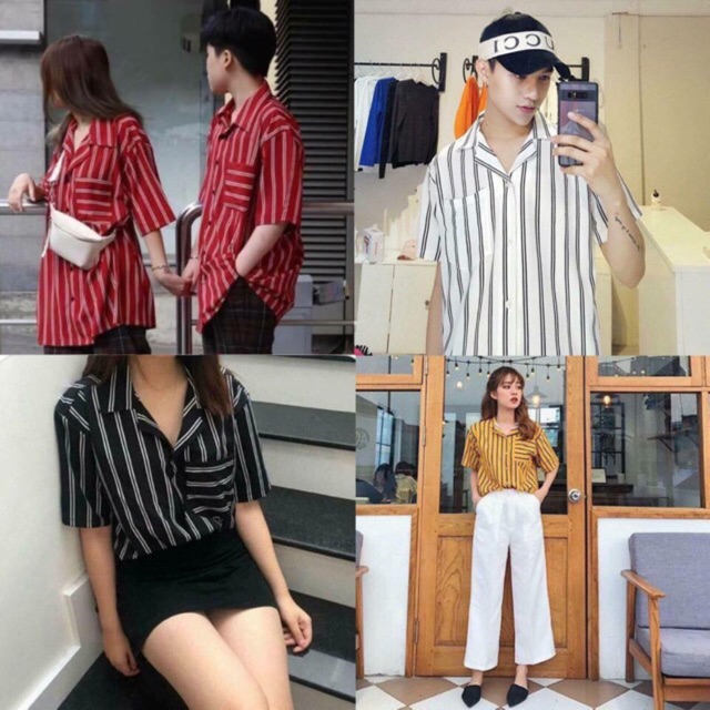 Áo sơ mi kẻ 2 sọc (đỏ, đen, trắng)