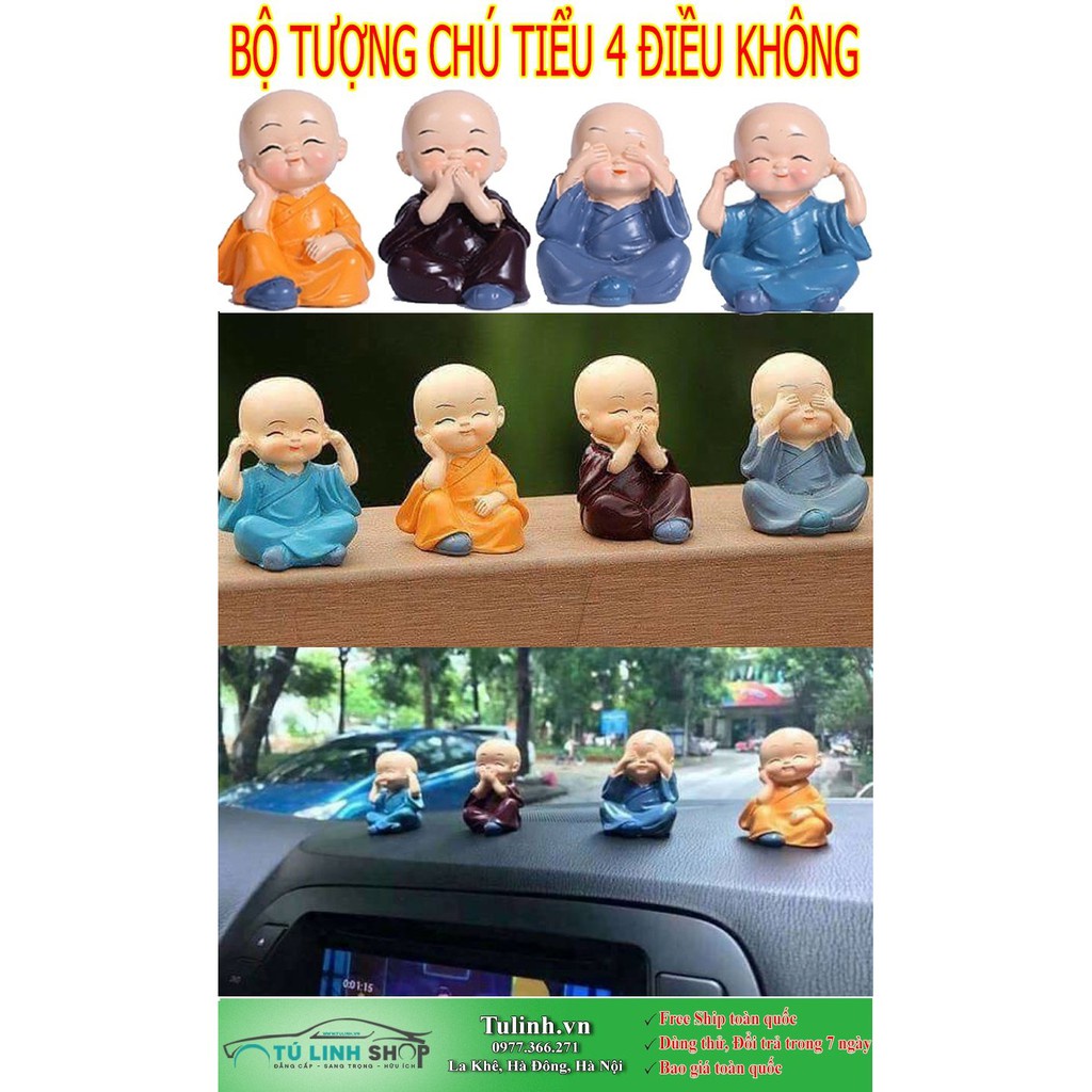 Bộ Tượng Chú Tiểu Hòa Thượng Tứ Không - Phật Phong Thủy Mini 4 Tư Thế, Trang Trí Xe Hơi, Để Bàn làm việc