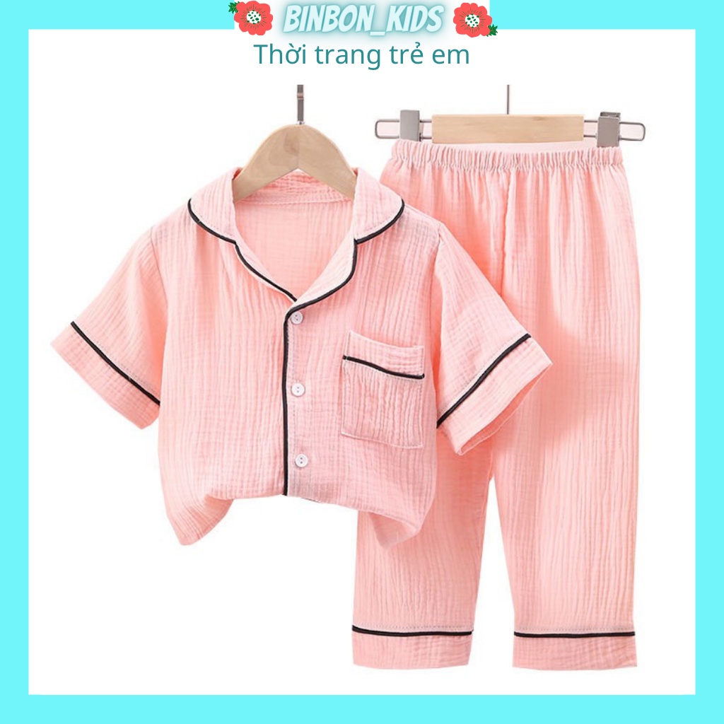 Bộ quần áo pijama cho bé gái Binbon kids, bộ đồ ngủ pizama mặc nhà cho bé gái trai chất Đũi nhăn dài tay từ 7-28kg