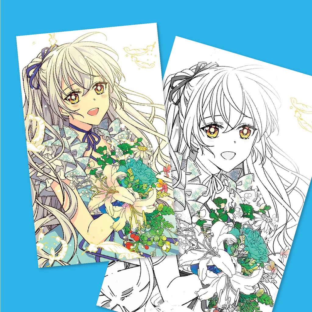 Tranh tô màu nước bộ 8 tranh anime dễ thương, Khổ A5 giấy dầy đẹp