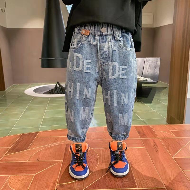 Quần jean dài dáng rộng in họa tiết toàn diện thời trang xuân thu dành cho bé trai 2021