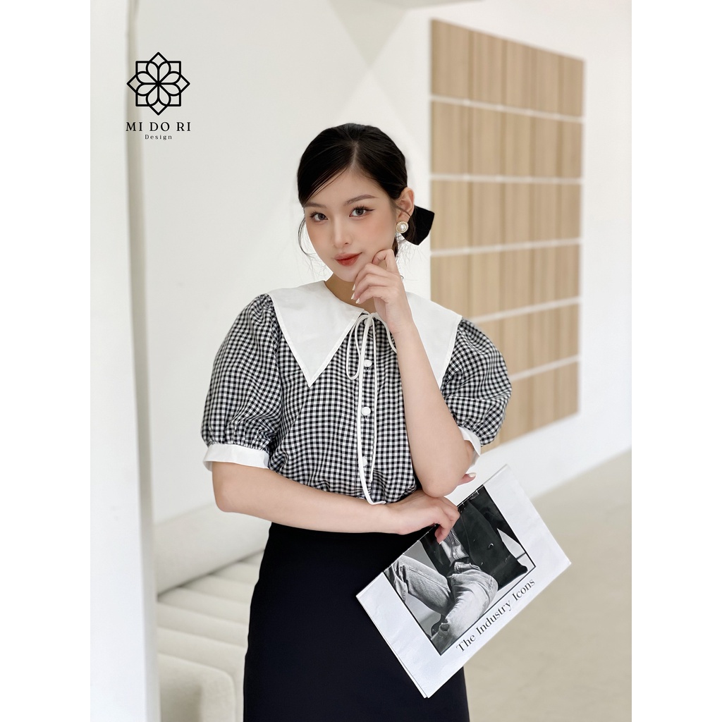 Áo sơ mi dáng suông gingham, cổ trắng buộc nơ duyên dáng, chiffon Hàn nhẹ nhàng và mát - Colie Blouse