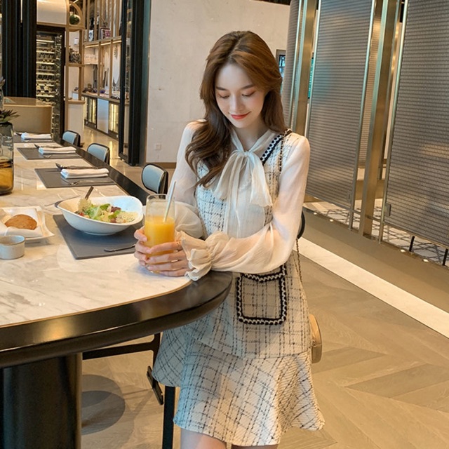 SẴN  Set váy dạ + áo voan chiffon tiểu thư