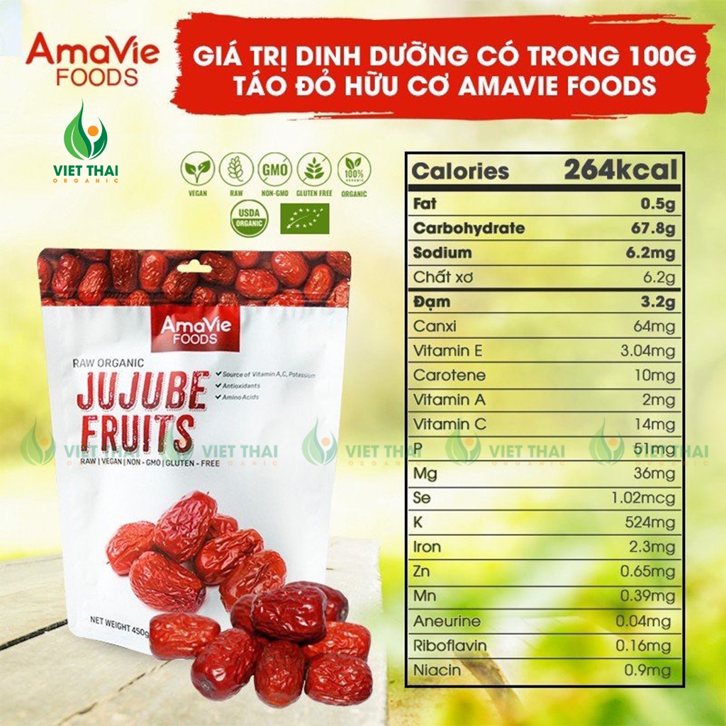 Táo đỏ sấy khô Amivie Foods - Táo đỏ hữu cơ Ninh Hạ Chưng yến - Nấu chè - Hầm gà (450g)