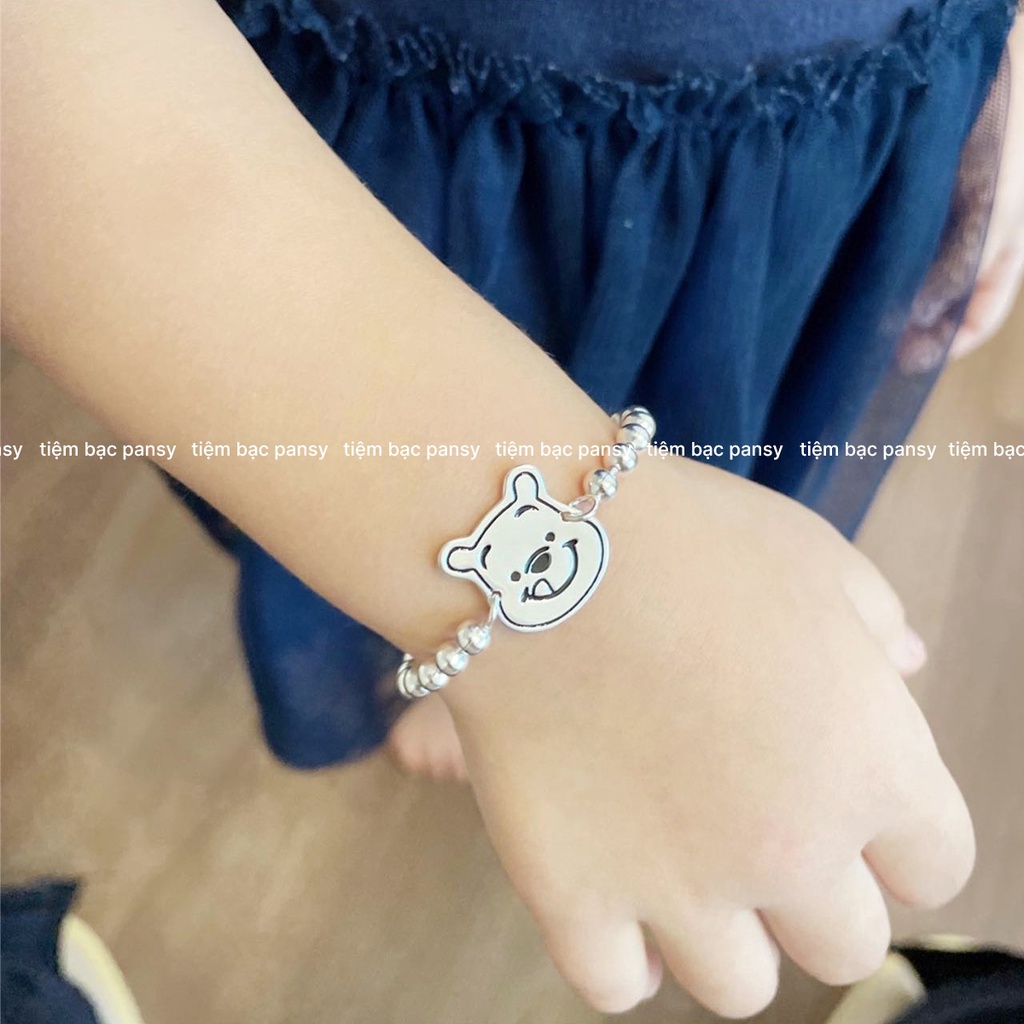 Lắc bạc đeo tay, chân trẻ em hình gấu Pood dễ thương - Vòng bạc cho bé thật an toàn, miễn phí khắc tên