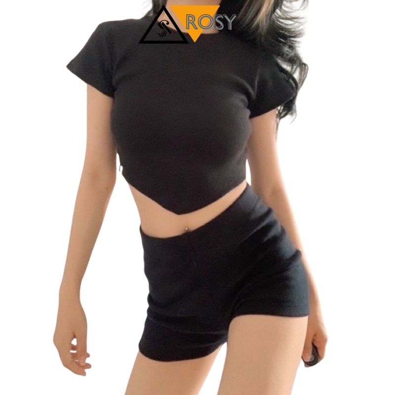 Áo croptop tay ngắn thun trơn vạt nhọn siêu năng động cá tính