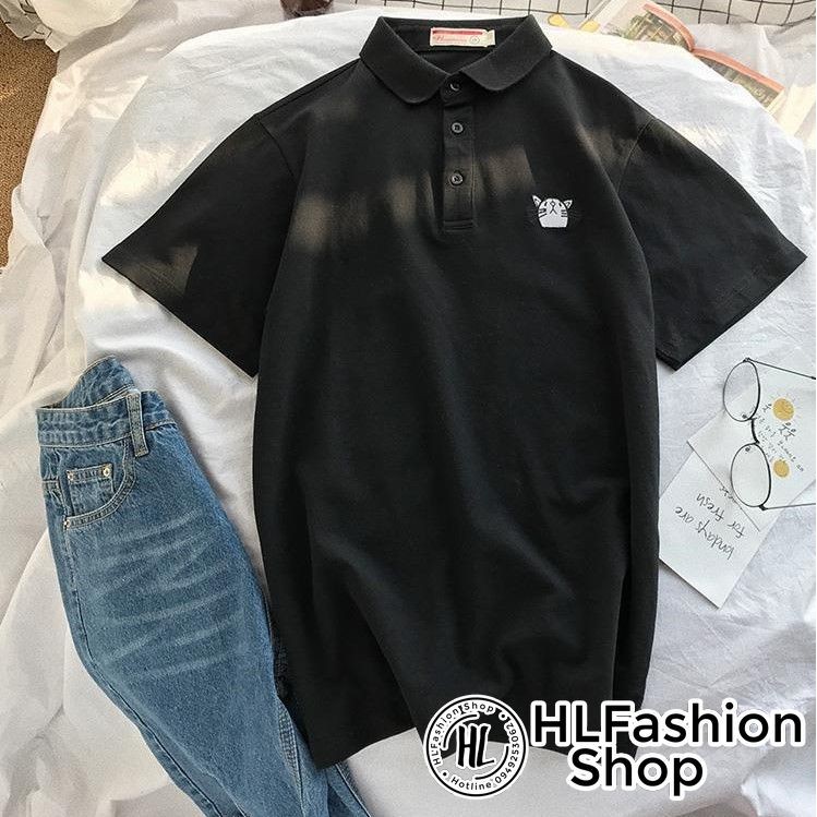 Áo polo thun cổ trụ thêu mèo đáng yêu, áo thun size có cổ HLFashion