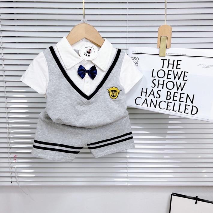 Đồ bộ bé trai, Set công tử thun cotton áo kiểu gilê ngắn tay cổ vest và quần short 2 vạch ngang size 7-18 kg, SUN KID'S
