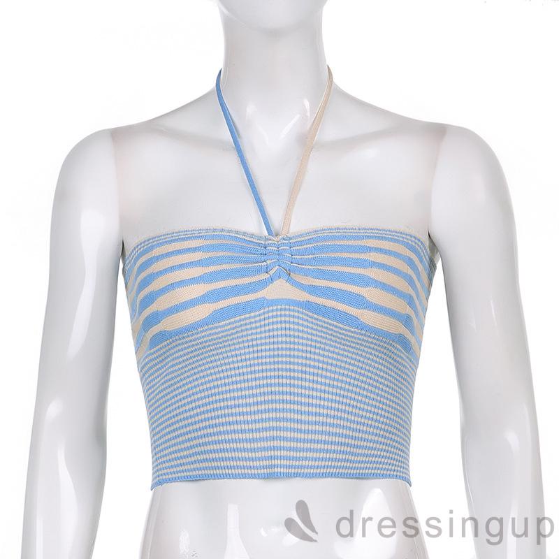 Áo Dệt Kim Không Tay Cổ Yếm Họa Tiết Kẻ Sọc Dáng Ôm Thời Trang Mùa Hè Cho Nữ