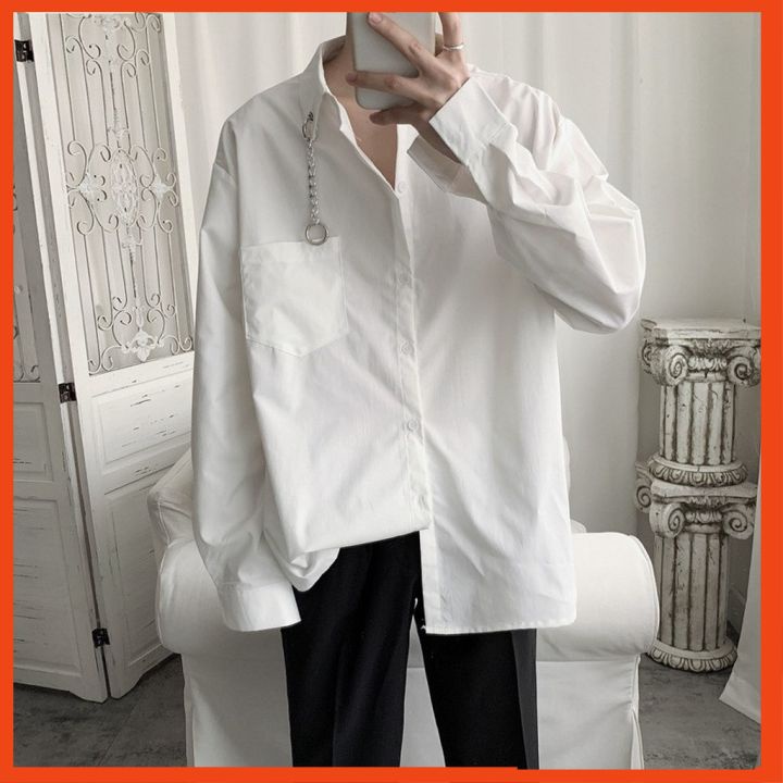 Áo sơ mi nam nữ dài tay unisex basic form rộng suông phối khoen cổ tay dài cao cấp phong cách Hàn Quốc - AMK027