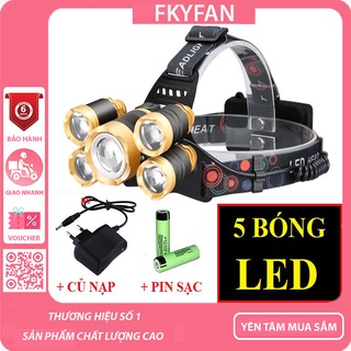 Đèn Pin đội đầu 5 bóng siêu sáng chống nước kèm sạc