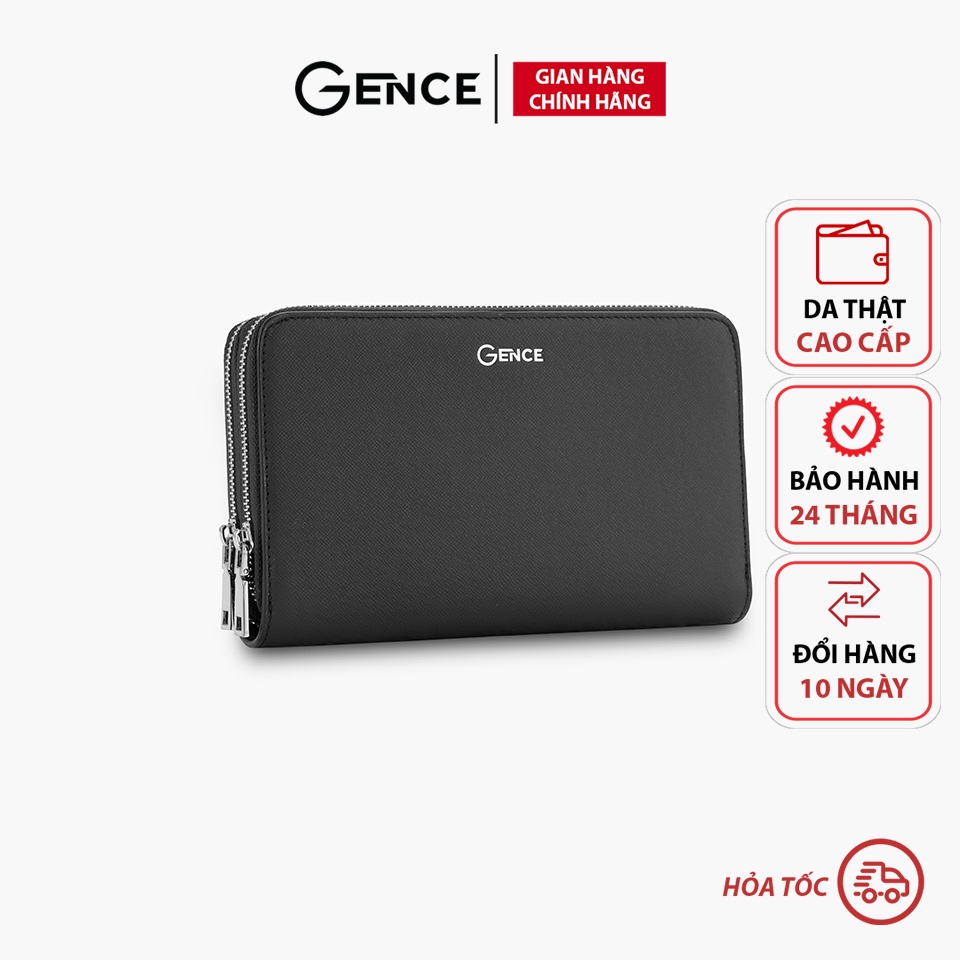 Ví cầm tay nam Gence 2 khoá da bò Taiga đen HT21