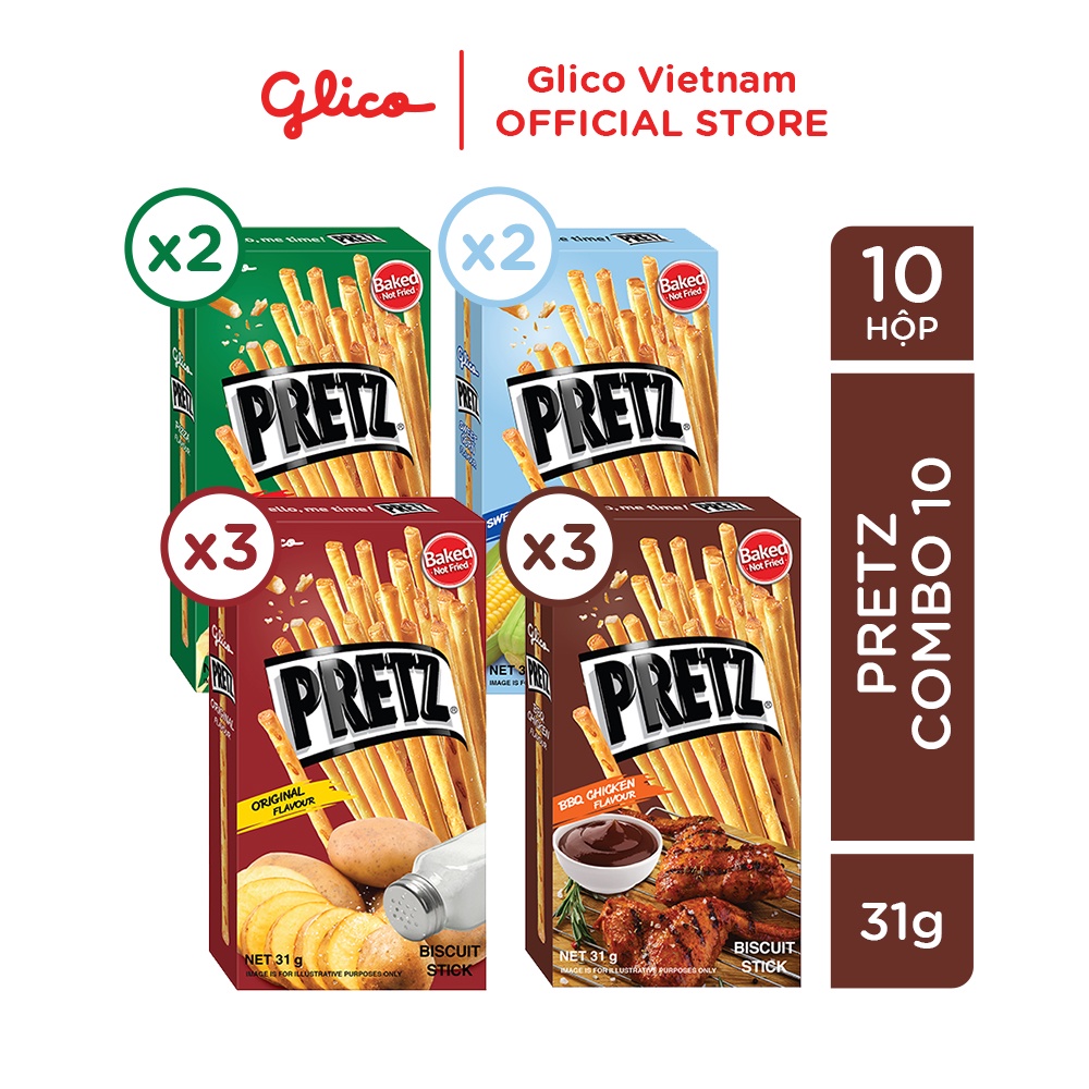 Bánh que nướng giòn 4 vị GLICO Pretz (Combo 10 hộp - 3 khoai tây 3 BBQ Gà 2 Pizza 2 Bắp)