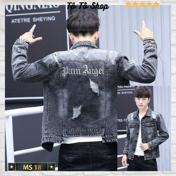 Áo khoác jean nam rách màu xám họa tiết thêu chữ, áo khoác nam đẹp chất bò co giãn thời trang Tô Tồ Shop - KJN18