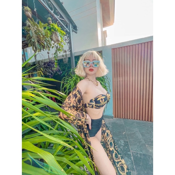BIKINI Set 4 chi tiết 2 mảnh cạp cao thương hiệu kem váy, áo choàng