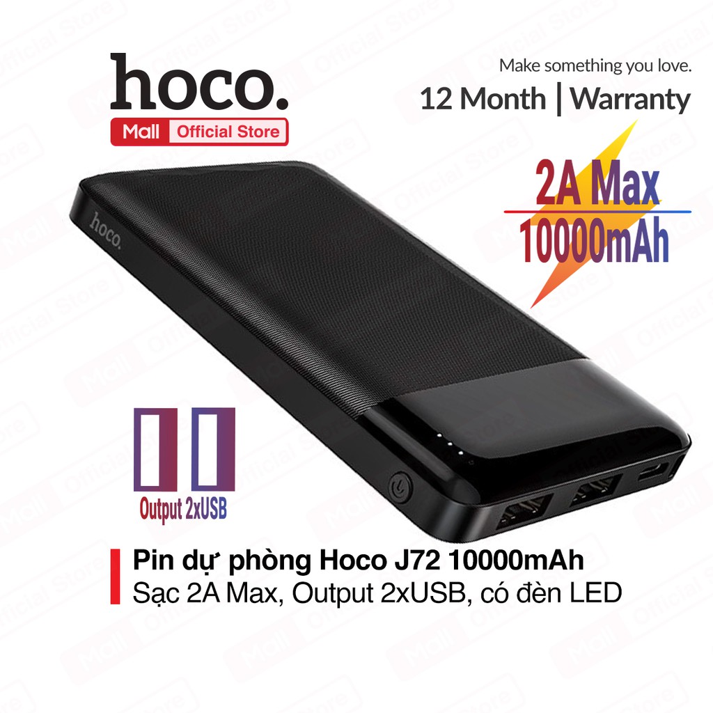 Pin sạc dự phòng Hoco J72 dung lượng 10000mAh, sạc nhanh 2A Max, 2 Output USB, 2 Input ( Micro + Type-C ), có đèn LED