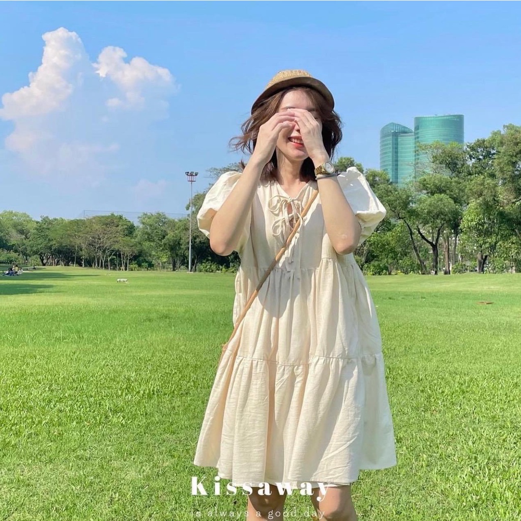 Váy babydoll ngọt ngào V.116, Váy kiểu xòe tầng dáng ngắn cổ V thắt 2 nơ nhỏ tay bồng cực xinh - Thời trang nữ Chấm Bi