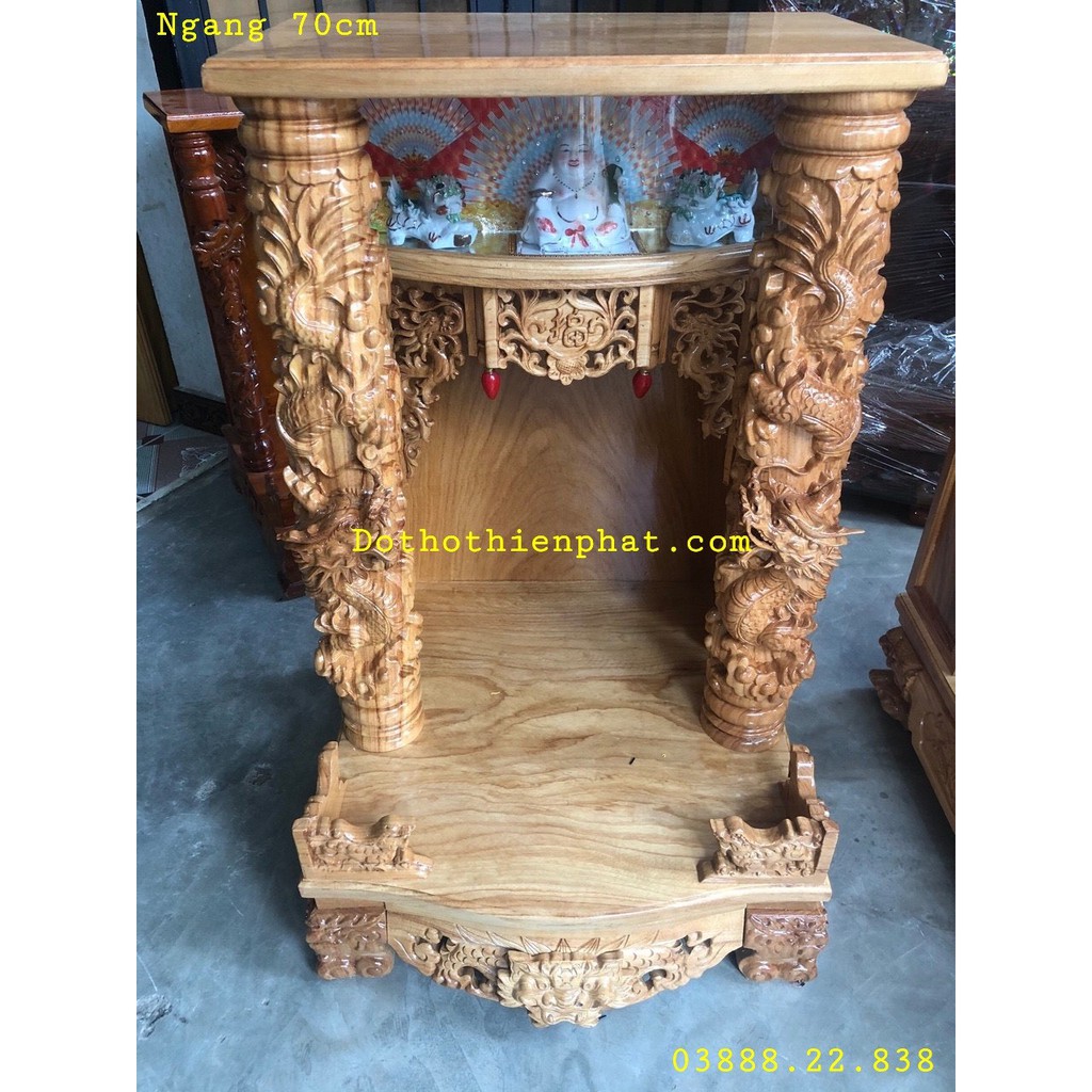 Bàn thờ thần tài ông địa gỗ gõ đỏ ngang 70cm rồng mây