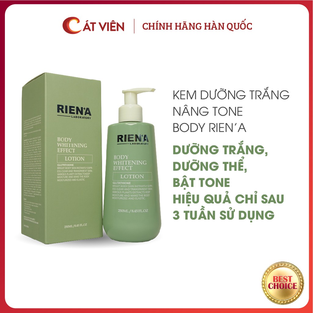 Kem dưỡng trắng nâng tone body Rien'a, dưỡng trắng mờ thâm sạm, cải thiện mụn lưng, se khít lỗ chân lông - 250ml