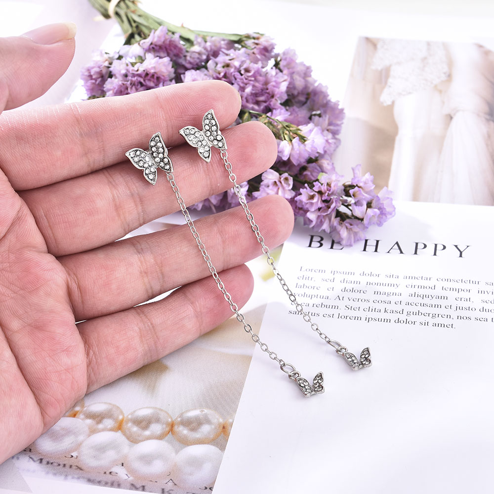 Bông tai dài mặt hình bướm đính đá đơn giản thời trang cho nữ