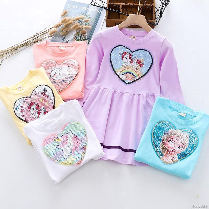 MYBABY Autumn Baby Girls Long Sleeve Sequins Dress Cartoon Letters Change Color Design Dresses