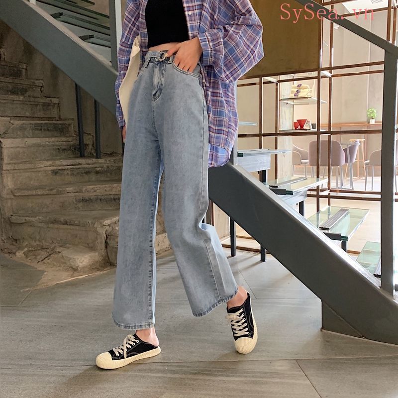 Quần Jean Ống Rộng Lưng Cao Thời Trang Cho Nữ