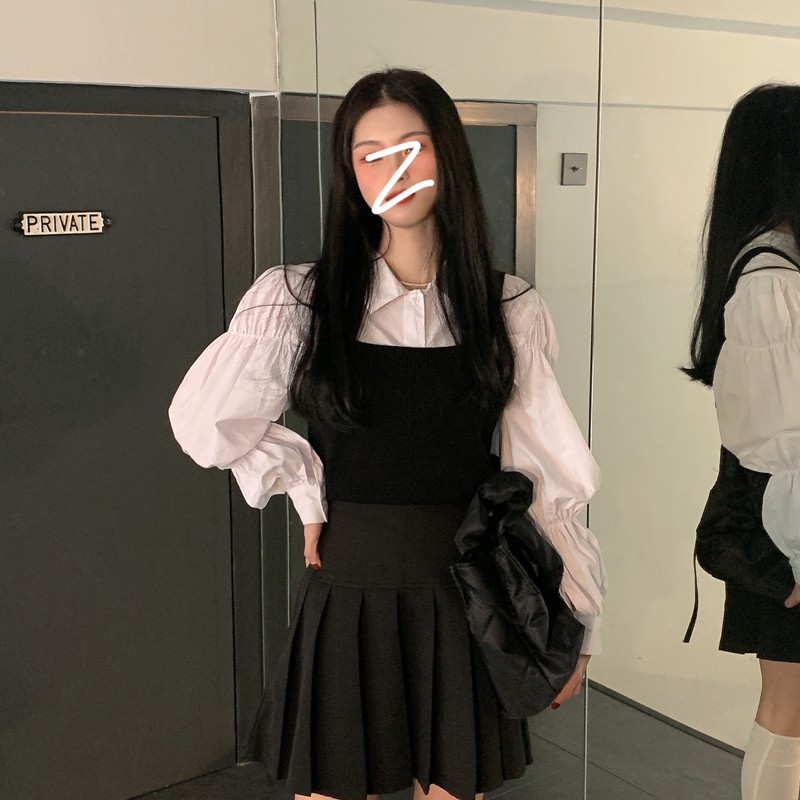 Kumivn order set 2 món áo sơ mi và chân váy xếp ly đen trắng ulzzang Hàn Quốc