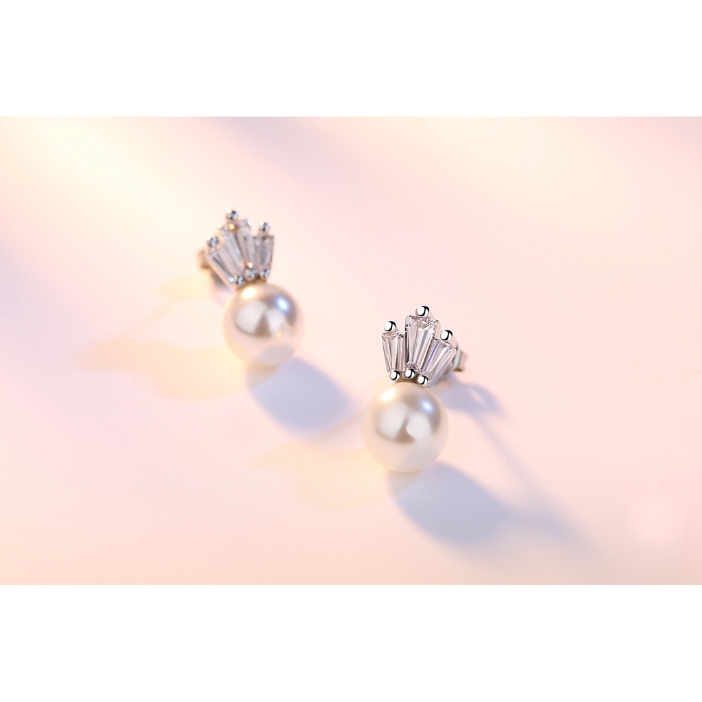 Bông Tai Xỏ Lỗ Hình Vương Miện Bằng Bạc 925 Đính Ngọc Trai Thời Trang Hàn Quốc Đơn Giản Cho Nữ-S1