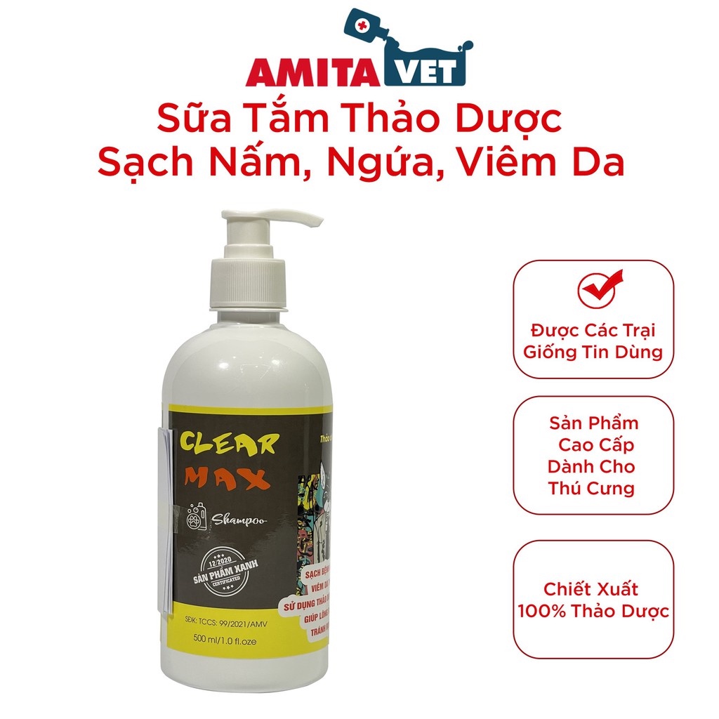 Sữa tắm chó mèo từ AMITAVET giúp chăm sóc thú cưng sạch nấm mượt lông khử mùi hôi chiết xuất thảo dược 500ml