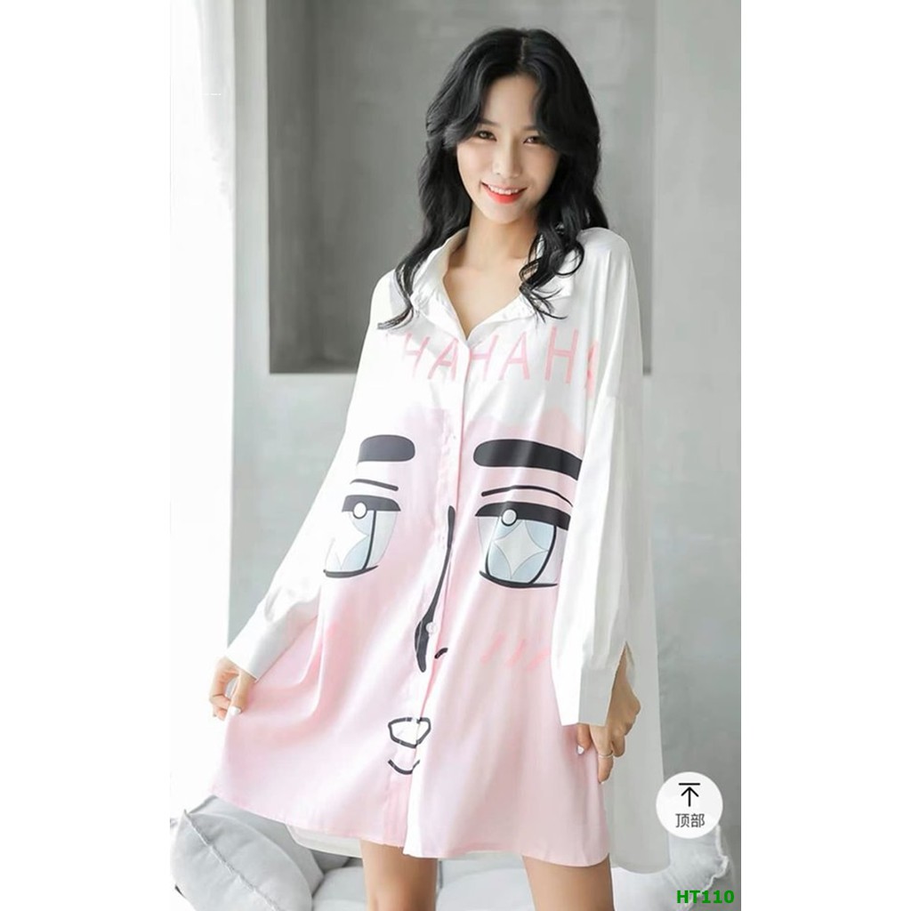 Đầm ngủ pijama kiểu dáng sơ mi hàng thiết kế chất vải lụa cao cấp - váy ngủ sơ mi lụa dài tay Hàn Quốc màu trắng