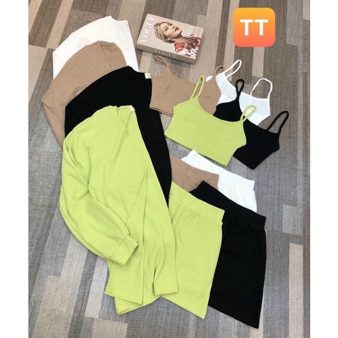 Set 3 món áo dây chân váy có lót trong kèm áo khoác chất vải thun gân tăm