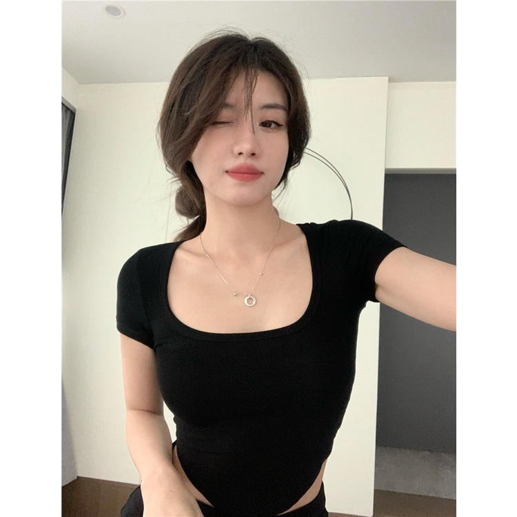 Áo Thun Tay Ngắn Cổ Chữ U Hở Lưng Thời Trang Mùa Hè Quyến Rũ Phong Cách Hàn Quốc Cho Nữ