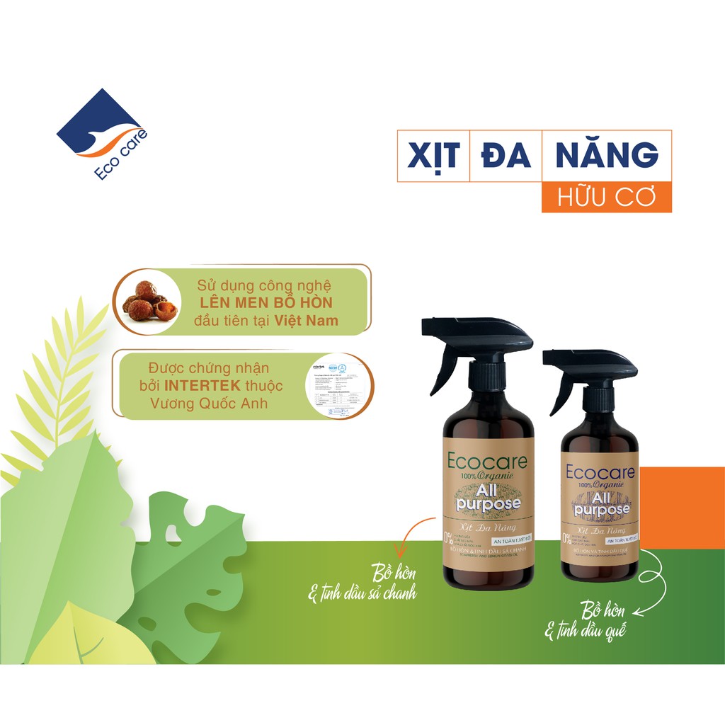 Bình xịt tẩy đa năng hữu cơ bồ hòn ECOCARE 500ml kết hợp tinh dầu tự nhiên, phù hợp tẩy rửa nhiều bề mặt