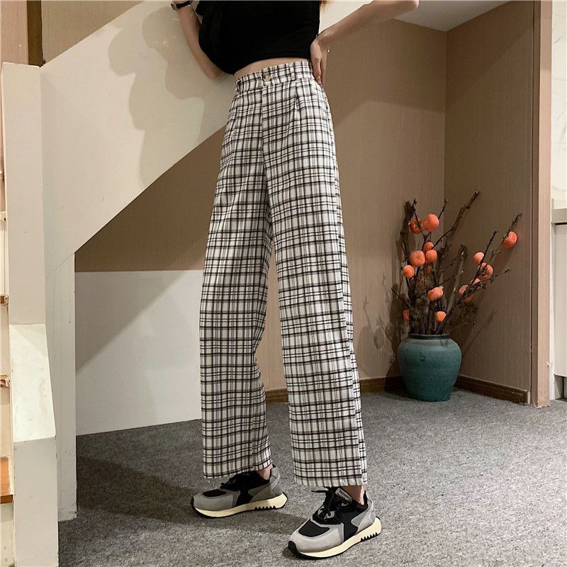 Spring and summer new plaid high waist drape loose and versatile straight-leg pants，cheap borong of Koreanfashion women's clothing readystock 210517