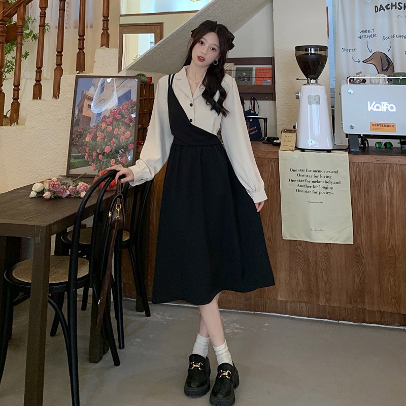 Váy đầm đen cổ sơ mi cách điệu thắt dây eo dáng dài phong cách Hàn Quốc