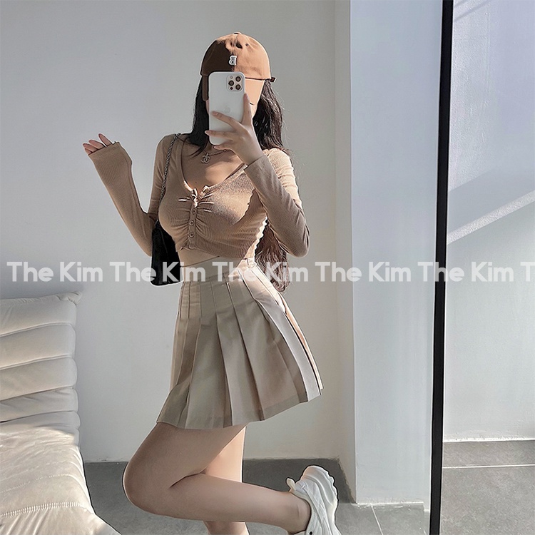 Áo thun tăm tay dài croptop nhún ly cúc ngực , áo dài tay cho nữ cổ tròn dáng ngắn ôm body The Kim AD125
