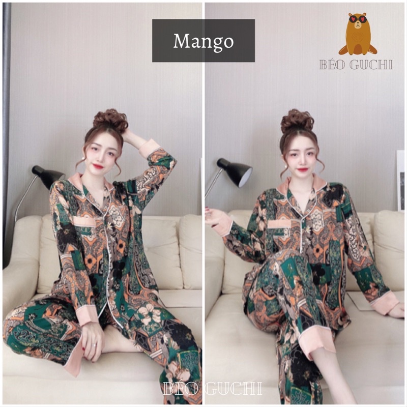 Dài tay 50-110kg K3DTM Béo Guchi Bigsize Pijama Lụa Mango &amp; Satin lạnh - Đồ bộ nữ xinh