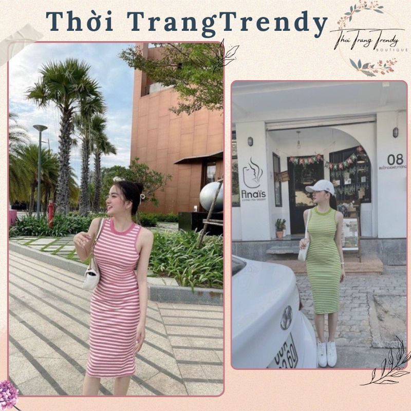 Đầm Ôm Body Maxi Sọc Dài Sát Nách Hồng/ Xanh Tôn Dáng SP000285-Thời TrangTrendy