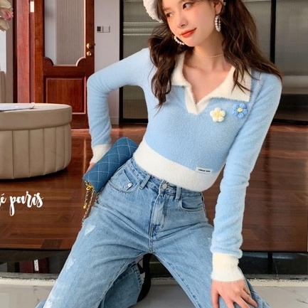 Áo dệt kim ZHELIHANGFEI tay dài cổ bẻ thêu họa tiết hoa thời trang cho nữ