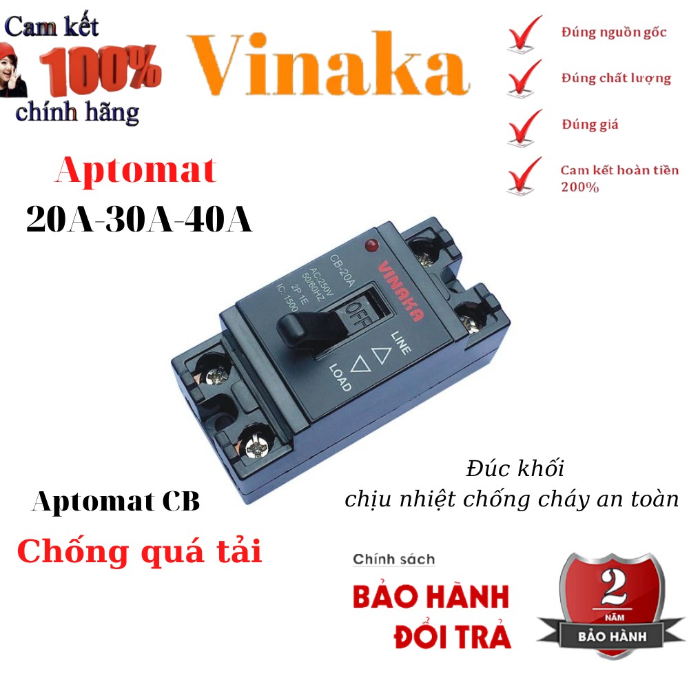 Aptomat 20a 30a 40a CB điện chống quá tải thân vỏ nhựa Bakelit đúc khối chịu nhiệt chống cháy an toàn cao cấp VINAKA CB