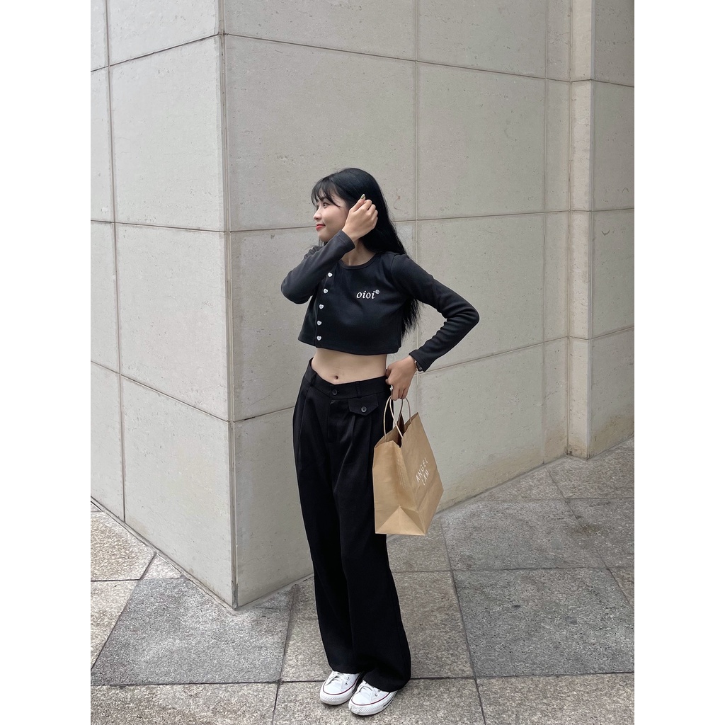 Áo Croptop Nữ Dài Tay OIOI Vải Thun Gân Phong Cách Ulzzang - Tuni Store