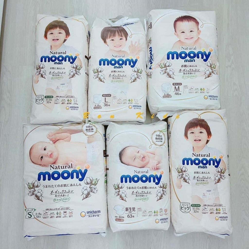 Bỉm quần/dán MOONY NATURAL trắng từ bông hữu cơ, nội địa nhật đủ size NB63/S58/M46/L38/L36/XL32
