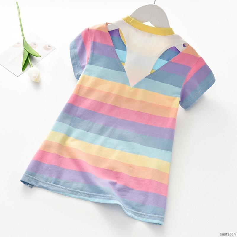Đầm Thun Ngắn Tay Sọc Ngang Màu Cầu Vồng Cho Bé Gái