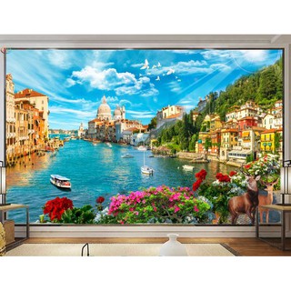Tranh dán tường 3D phong cảnh biển   - VẢI LỤA  phủ kim sa (kích thước theo yêu cầu)